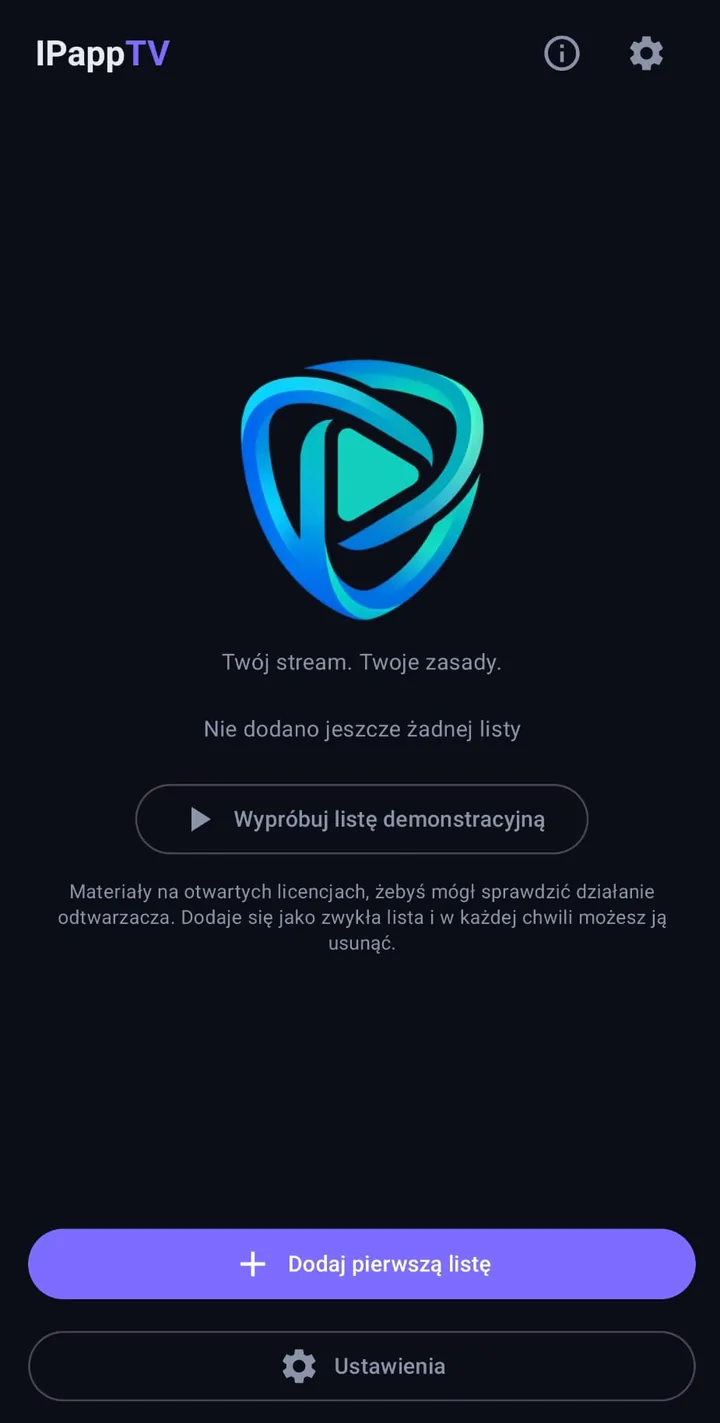 Ekran startowy bez dodanych list